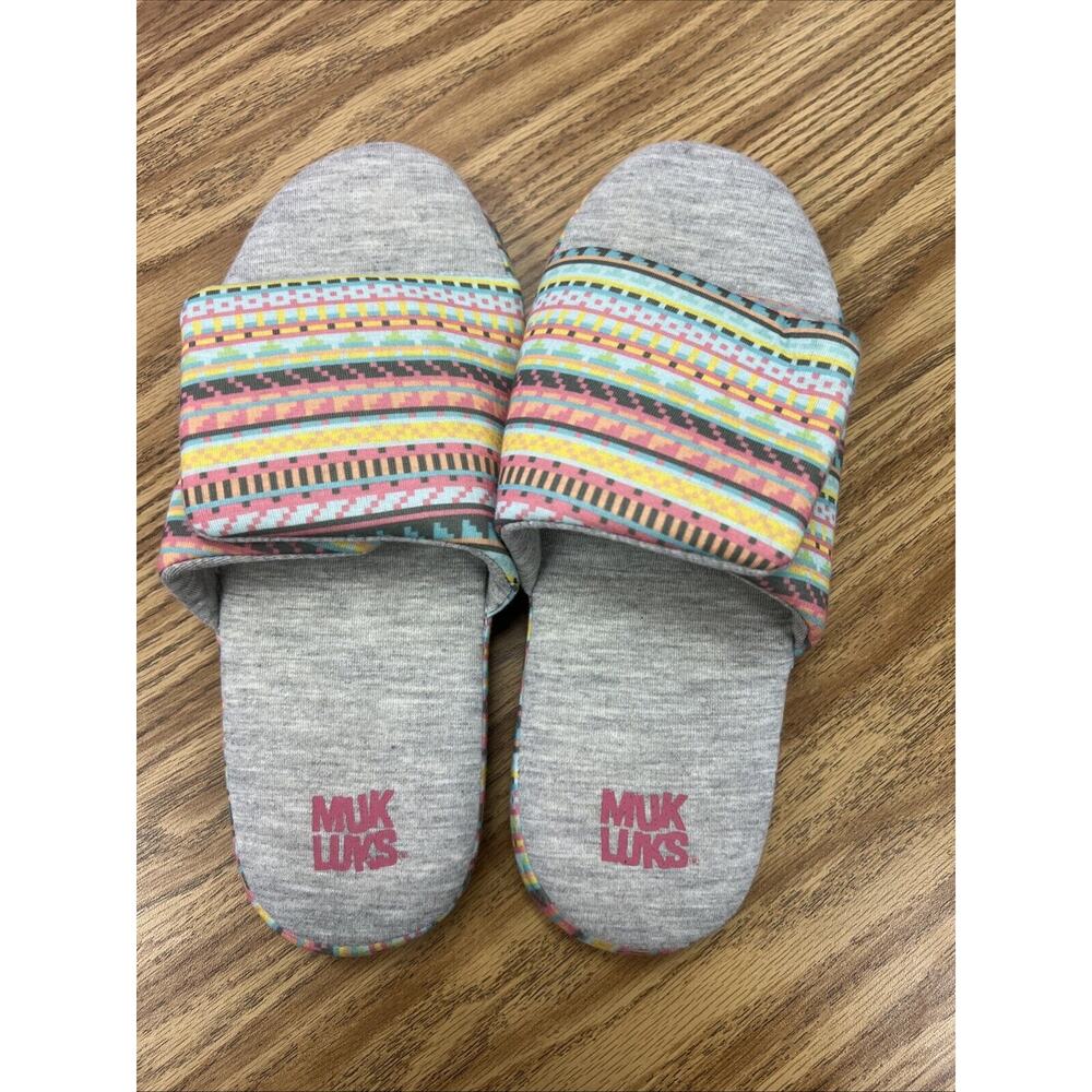 Muk Luks Women's Slippers Slide Ons House Shoes Sz Large 9-10 Pink Gray Stripes